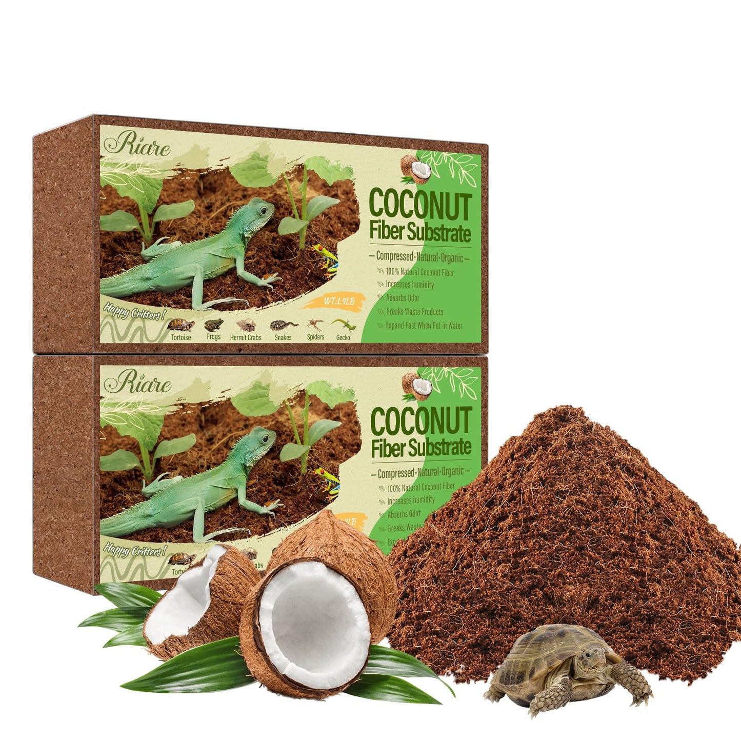Riare 2 Pack Natural Coconut Fiber Substrate for Reptile- Premium Compressed Coconut Husk Terrarium Bedding for Reptile, Tortoise, Frogs, Snakes Hermit Crabs, Burrowing Animals