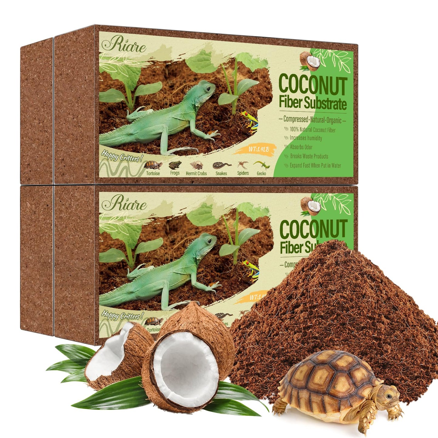 Riare 2 Pack Natural Coconut Fiber Substrate for Reptile- Premium Compressed Coconut Husk Terrarium Bedding for Reptile, Tortoise, Frogs, Snakes Hermit Crabs, Burrowing Animals