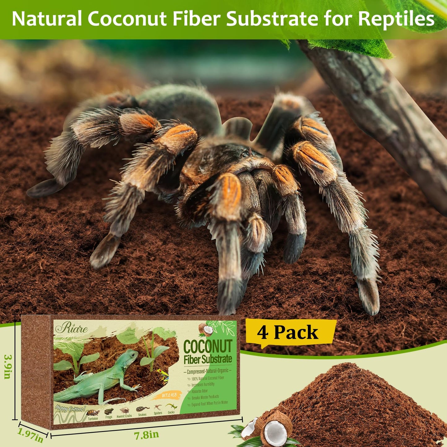 Riare 2 Pack Natural Coconut Fiber Substrate for Reptile- Premium Compressed Coconut Husk Terrarium Bedding for Reptile, Tortoise, Frogs, Snakes Hermit Crabs, Burrowing Animals