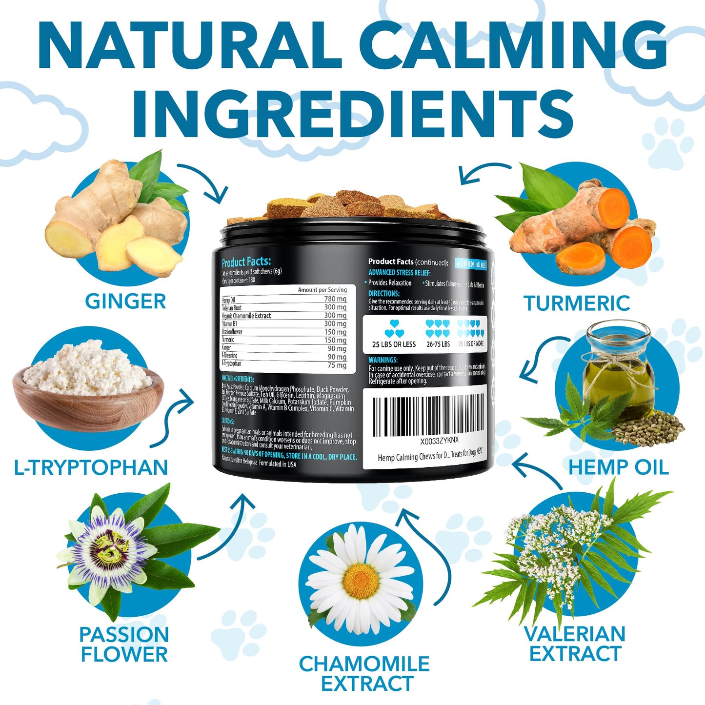Hemp Calming Chews for Dogs with Anxiety and Stress - 180 Soft Dog Calming Treats - Dog Anxiety Relief - Storms, Fireworks, Thunder, Barking, Separation Aid - Valerian Root - L-Tryptophan - Hemp Oil
