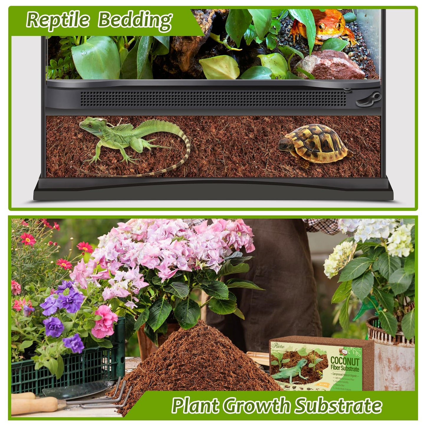 Riare 2 Pack Natural Coconut Fiber Substrate for Reptile- Premium Compressed Coconut Husk Terrarium Bedding for Reptile, Tortoise, Frogs, Snakes Hermit Crabs, Burrowing Animals