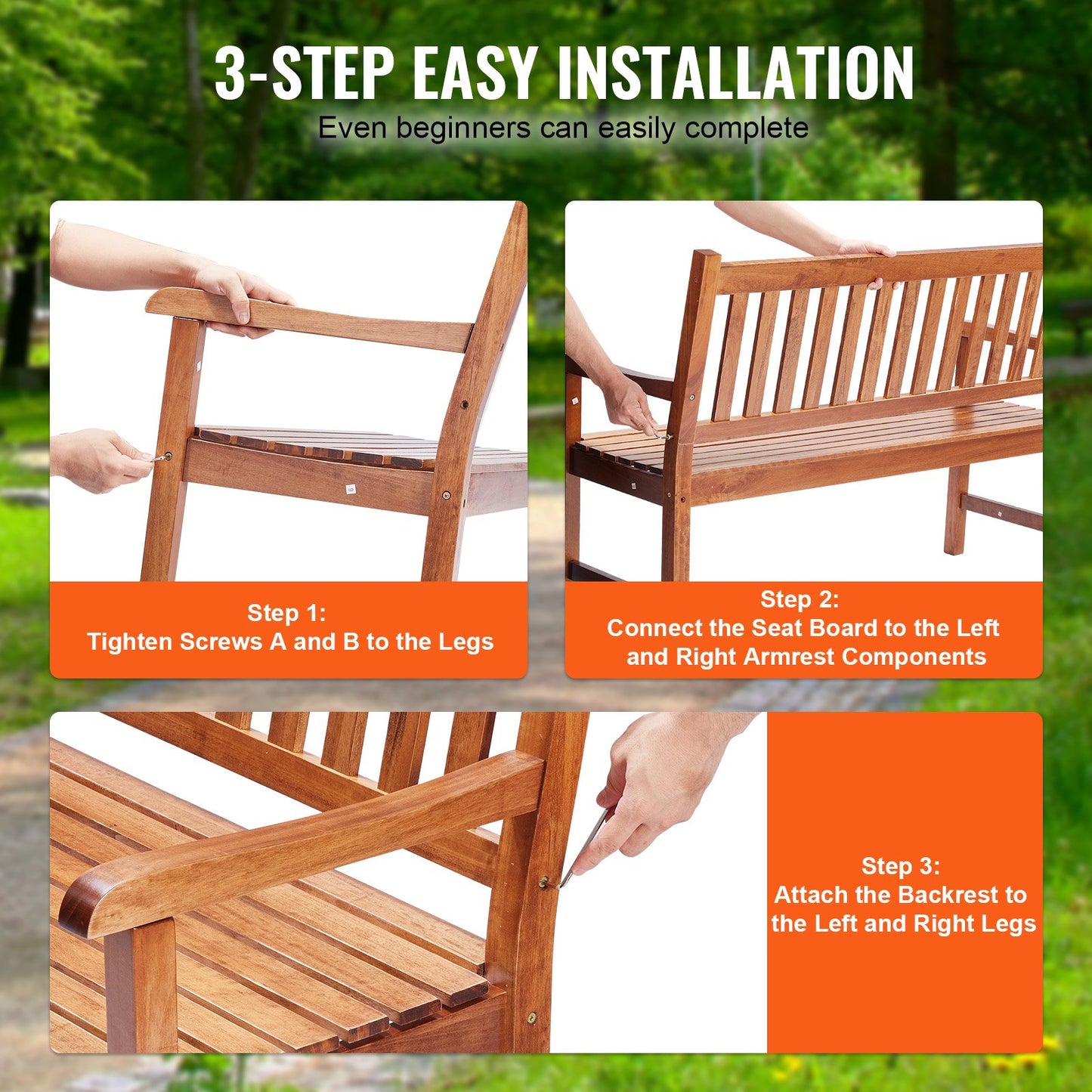 Outdoor Bench, 50 Inches Wood Garden Bench For Outdoors, Outdoor Garden Park Bench With Backrest And Armrests, 800 Lbs Load Capacity Bench, Patio Bench For Garden, Park, Yard, Front Porch