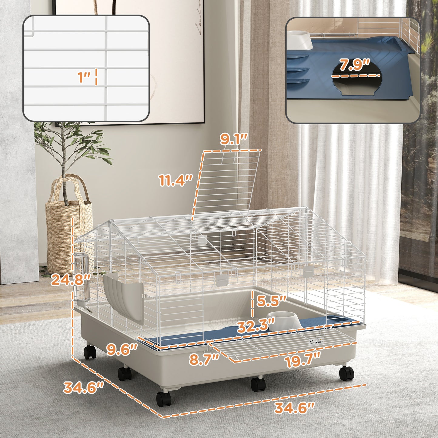 Rolling Small Animal Cage With Water Bottle, Hay Feeder, Food Dish For Rabbits, Hedgehogs, Guinea Pigs, 35 X 35x 25
