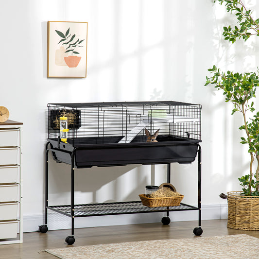 Two-Story Small Animal Cage Removable From Stand, Guinea Pig Cage With Shelf & Wheels, Pet Habitat For Hedgehog, Chinchilla, Ferret, 39" X 20.5" X 36.5", Black