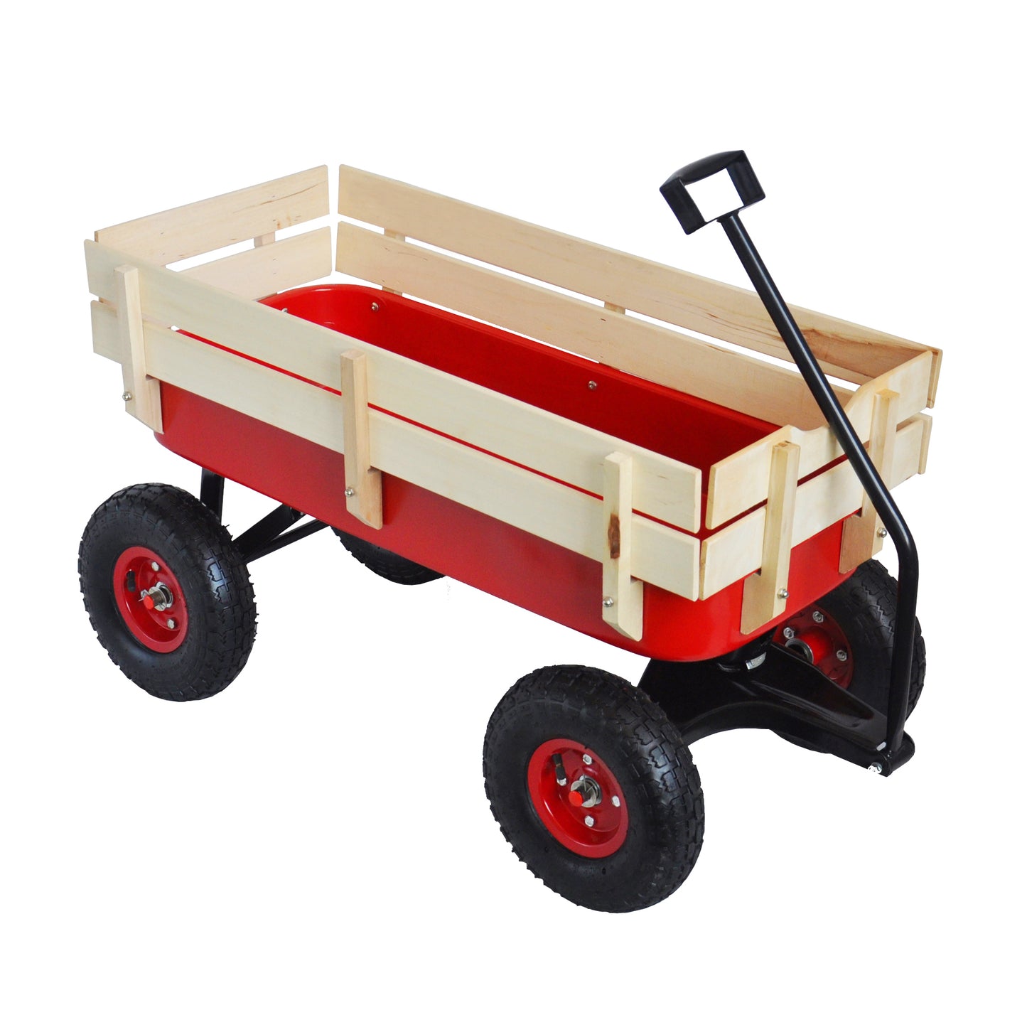 Outdoor Sport Wagon Tool Cart Wooden Side Panels Pneumatic Tire Wagon - Red