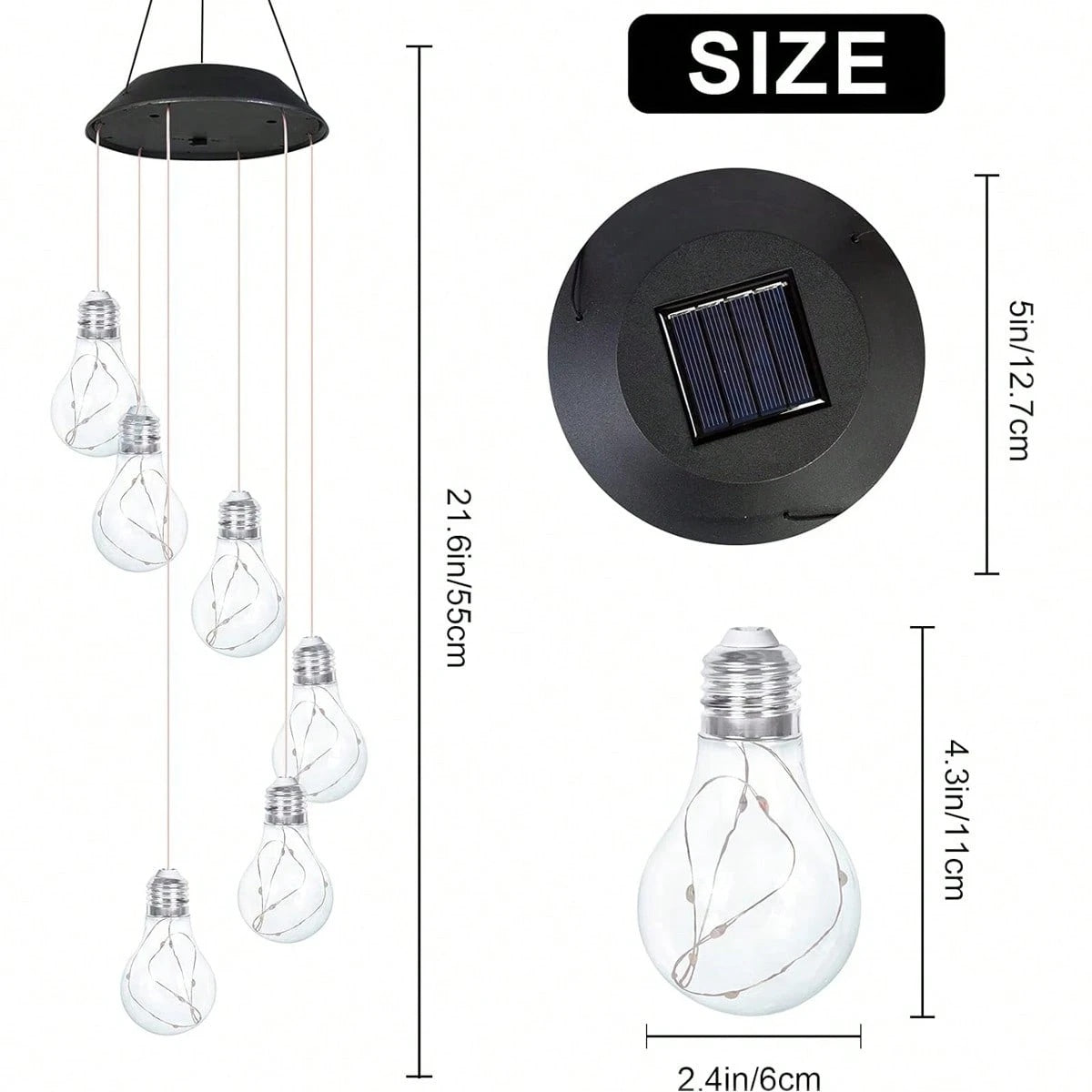 Colorful LED Solar Wind Chimes 21.6inch Light Bulb Shape Mobile Hanging Wind Chime Outdoor Waterproof Decorative Solar Powered Lights For Porch Deck Garden Patio Balcony Decor