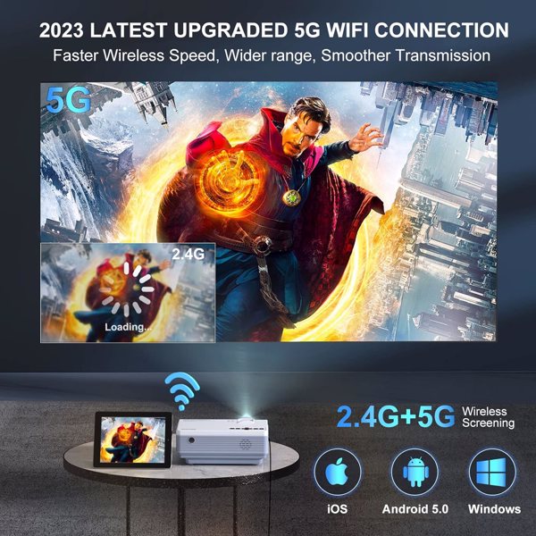 Native 1080P Full HD Projector with 5G WiFi & Bluetooth 5.3, 33-300" Screen, Dual Stereo Speakers