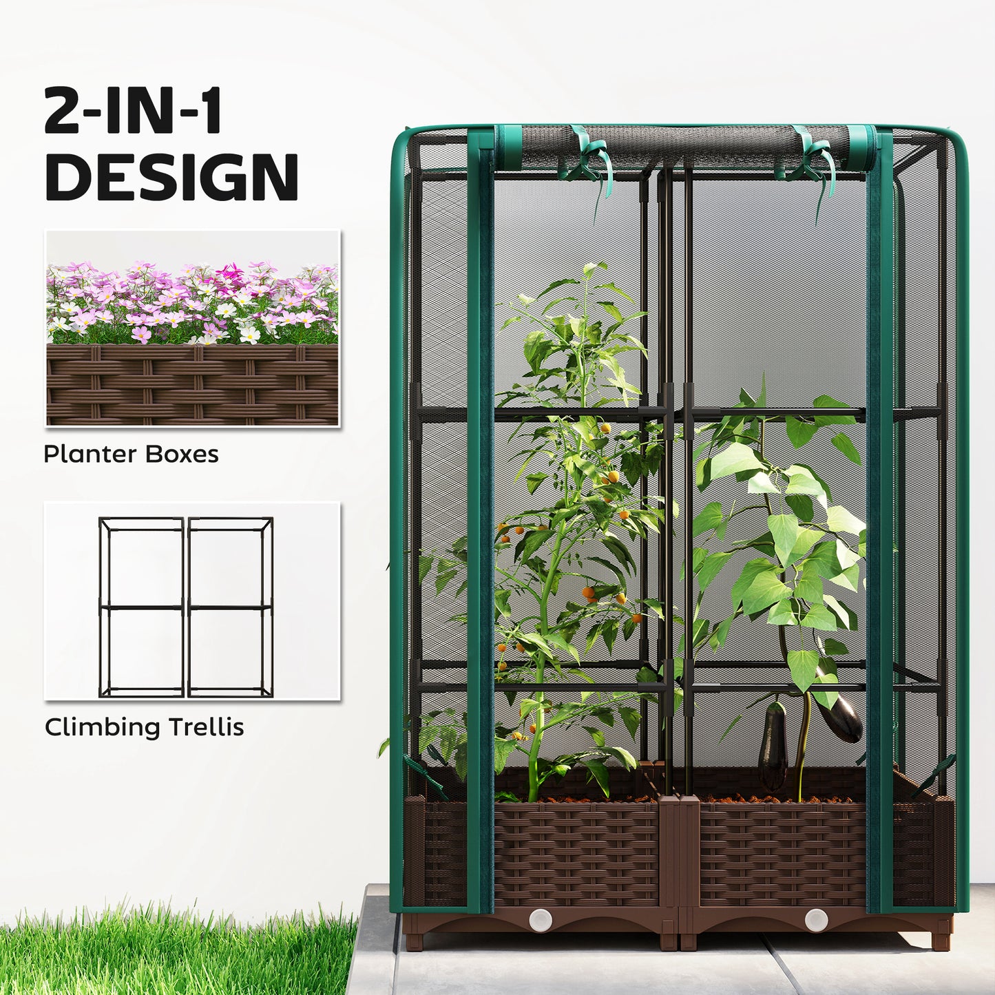Raised Garden Bed With Trellis, 46.5" Tomato Cage With Crop Cage, Self Watering Planter Box With Drainage Holes, Green