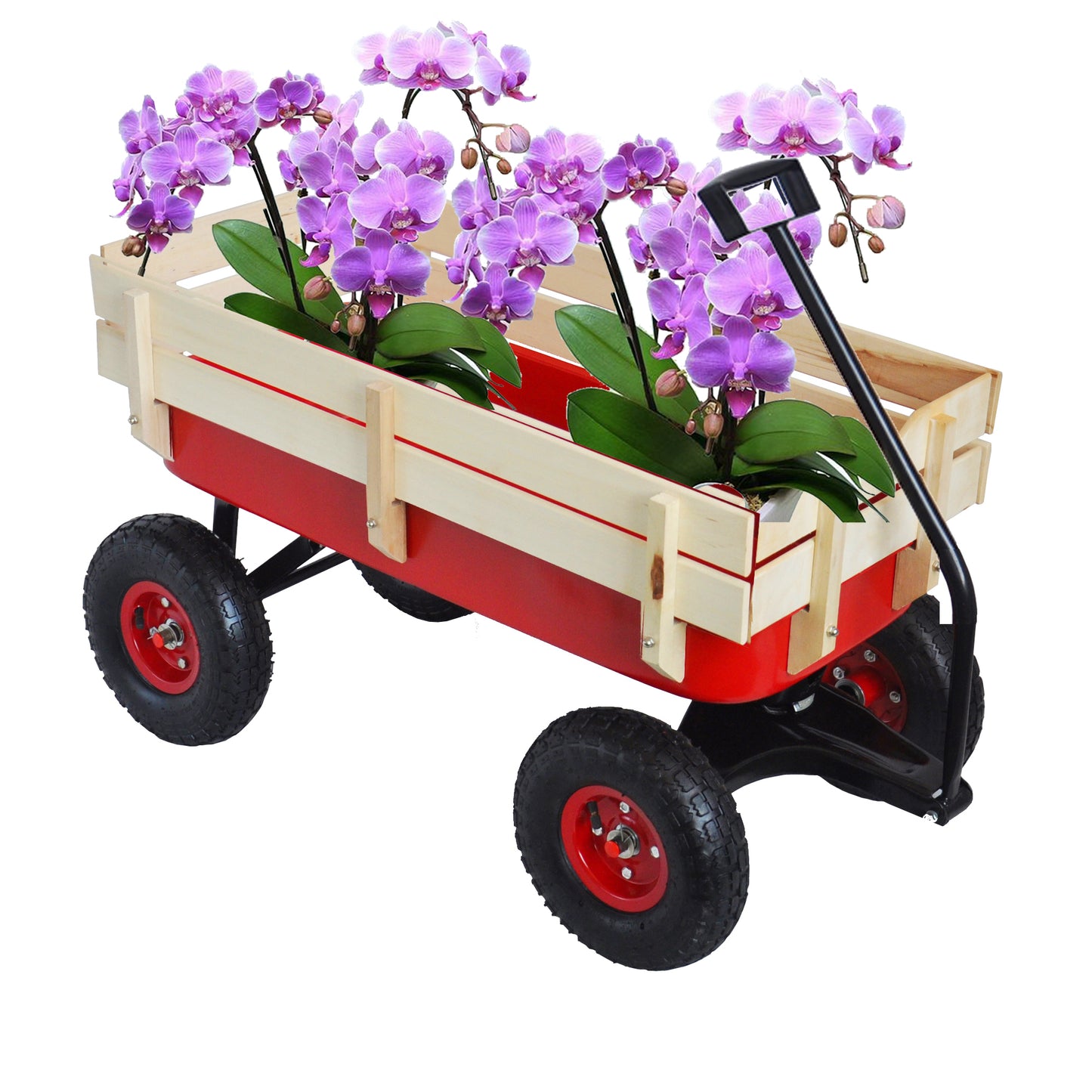 Outdoor Sport Wagon Tool Cart Wooden Side Panels Pneumatic Tire Wagon - Red