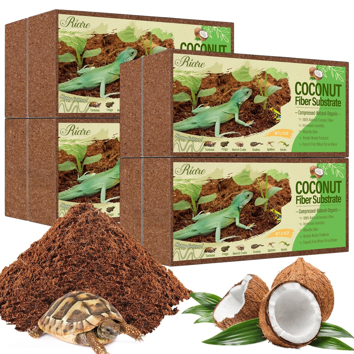 Riare 2 Pack Natural Coconut Fiber Substrate for Reptile- Premium Compressed Coconut Husk Terrarium Bedding for Reptile, Tortoise, Frogs, Snakes Hermit Crabs, Burrowing Animals
