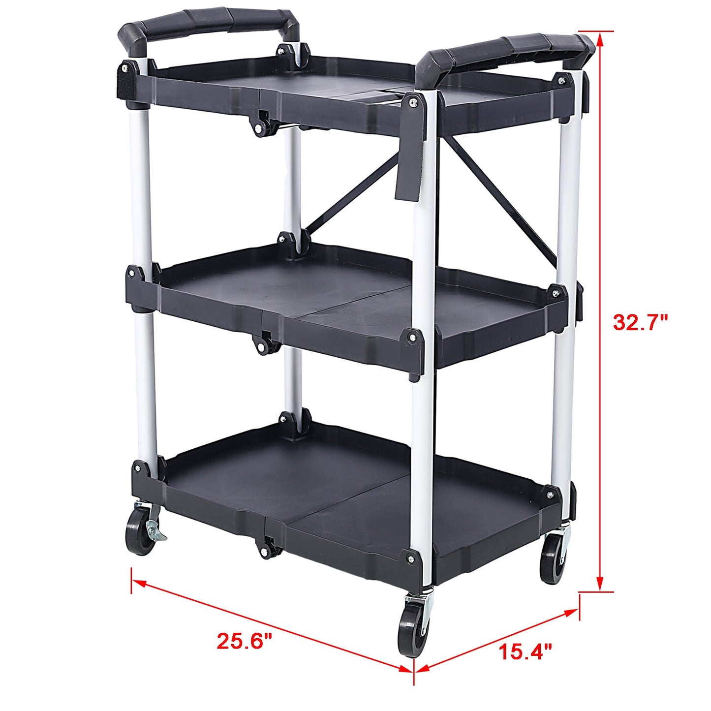 3-Layer Folding Collapsible Service Cart, Black, 50 Lb Capacity