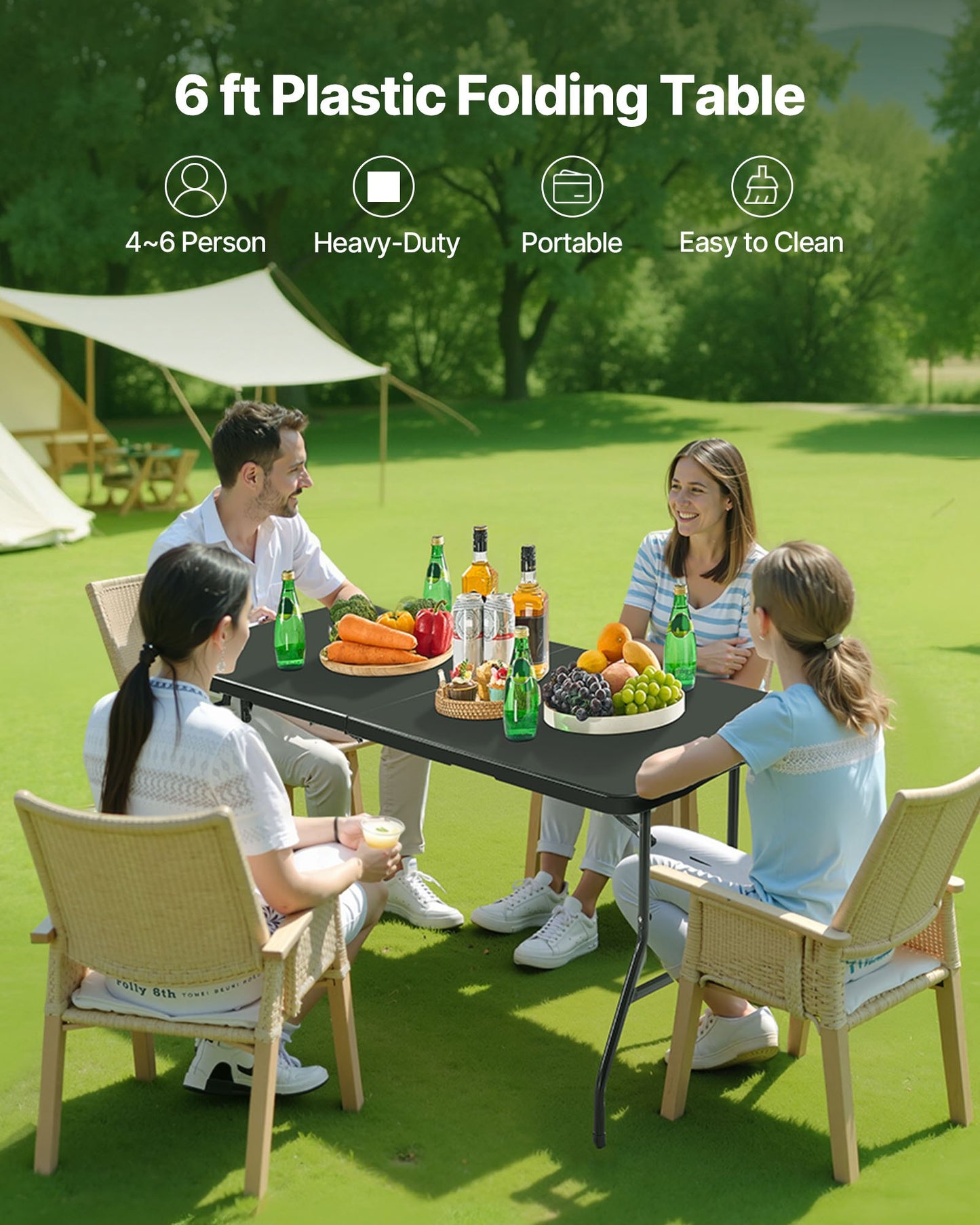 6 Ft Plastic Folding Table Portable Picnic Utility Table Handle Indoor Outdoor