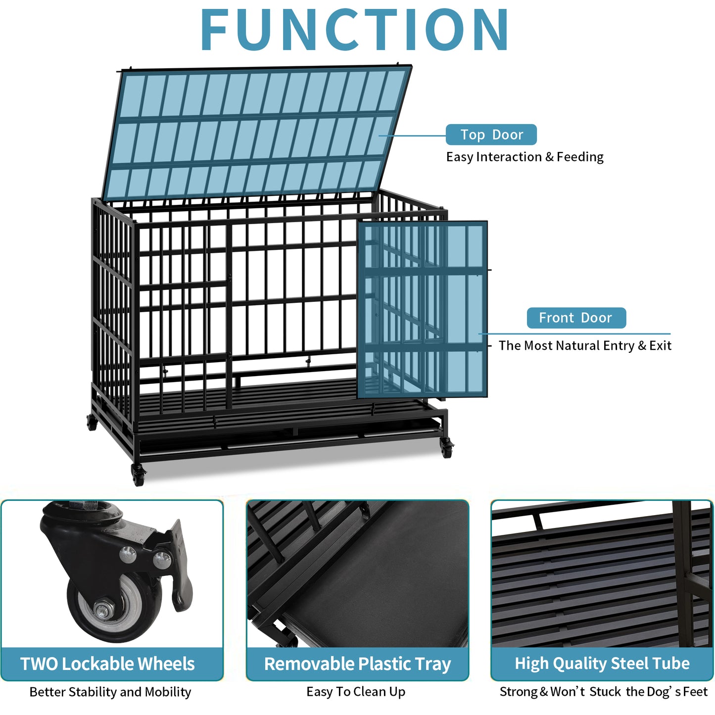 48 Inch Heavy Duty Indestructible Dog Crate With Wheels, Folding Metal Big Dog Cage For Large And Medium Dogs, Cage With Removable Wire Trays