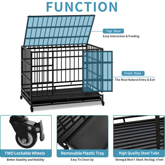 48 Inch Heavy Duty Indestructible Dog Crate With Wheels, Folding Metal Big Dog Cage For Large And Medium Dogs, Cage With Removable Wire Trays