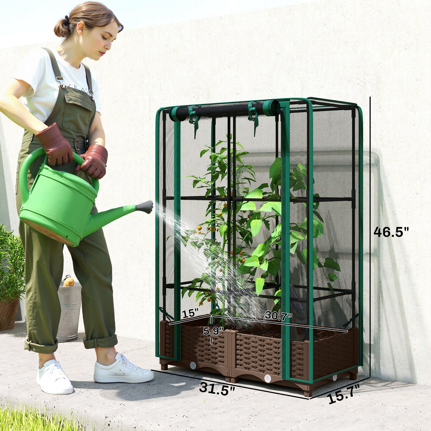 Raised Garden Bed With Trellis, 46.5" Tomato Cage With Crop Cage, Self Watering Planter Box With Drainage Holes, Green
