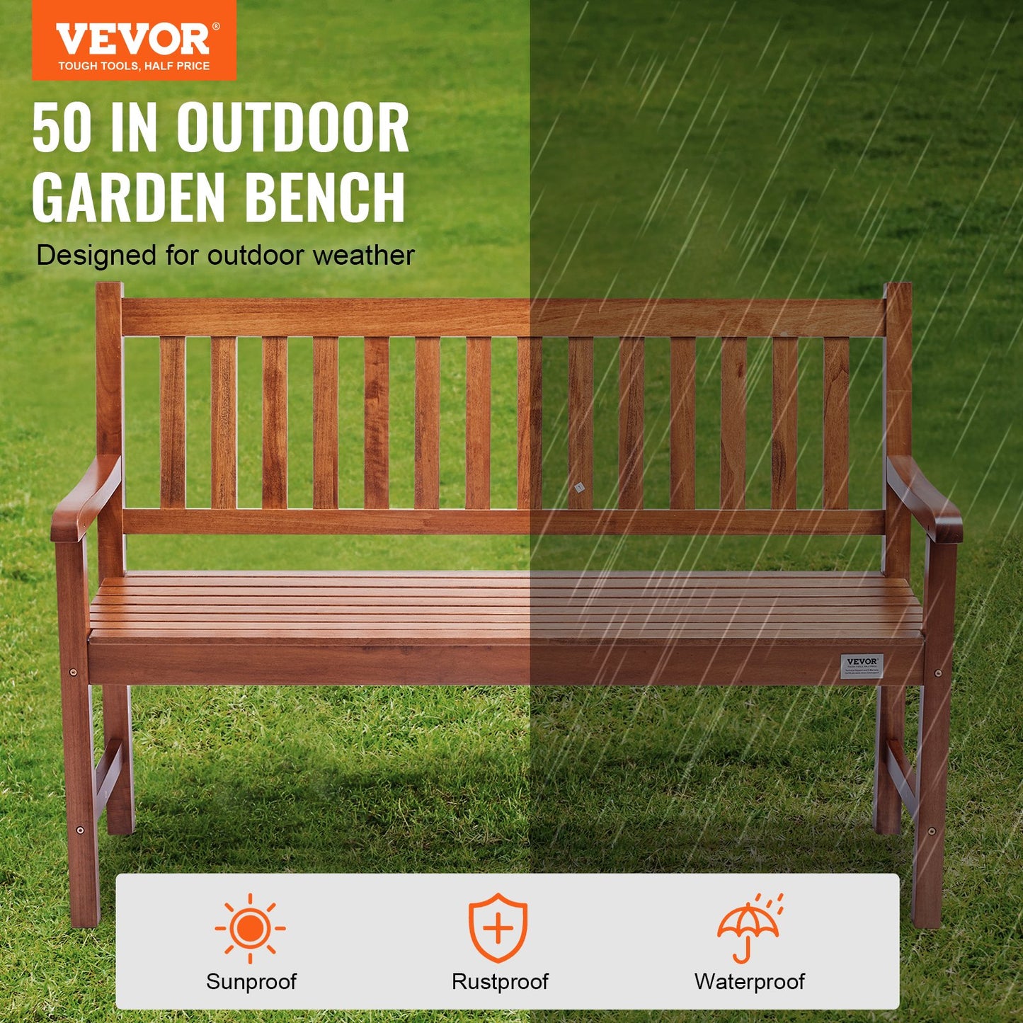Outdoor Bench, 50 Inches Wood Garden Bench For Outdoors, Outdoor Garden Park Bench With Backrest And Armrests, 800 Lbs Load Capacity Bench, Patio Bench For Garden, Park, Yard, Front Porch