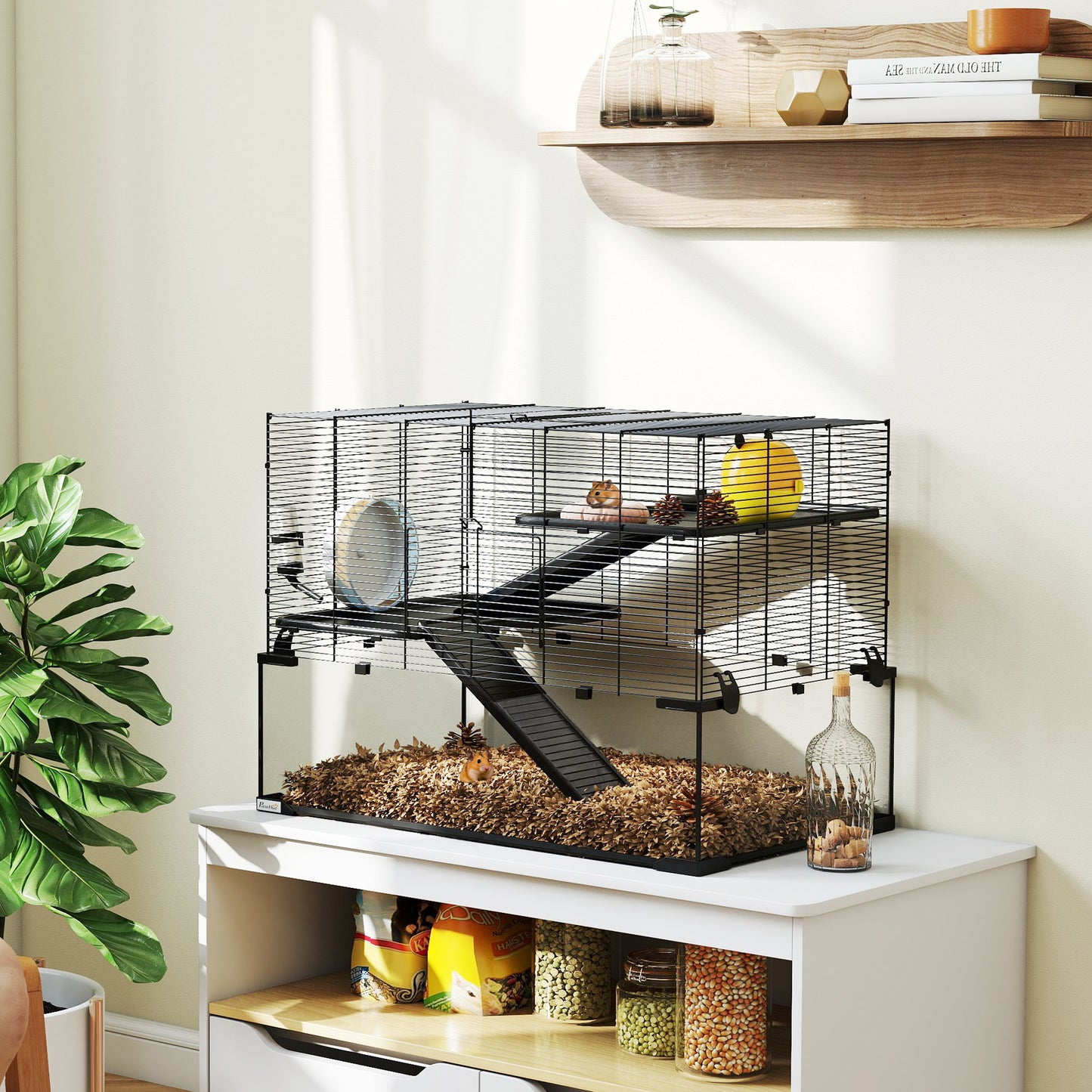 31" Hamster Cage, Gerbil Cage with Glass Basin for Small Hamsters, Black