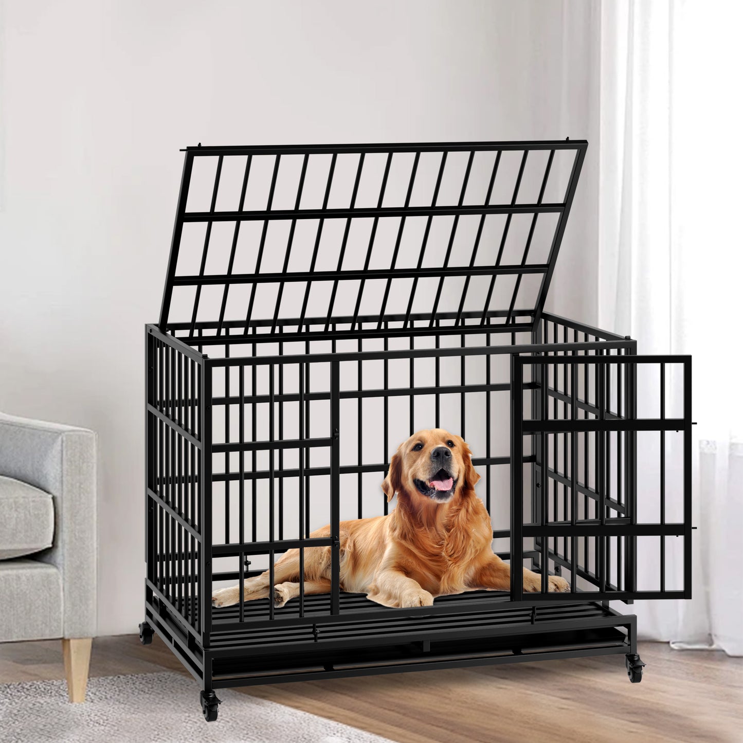 48 Inch Heavy Duty Indestructible Dog Crate With Wheels, Folding Metal Big Dog Cage For Large And Medium Dogs, Cage With Removable Wire Trays