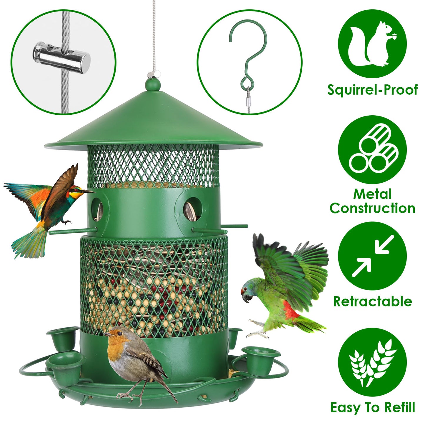 1Pc Wild Bird Feeder Squirrel-Proof Chew-Proof Metal Bird Seed Feeder Outdoor Hanging Bird Feeder With 360 Degree Circular Perches Water Cups For Yard Garden Patio Spring Summer