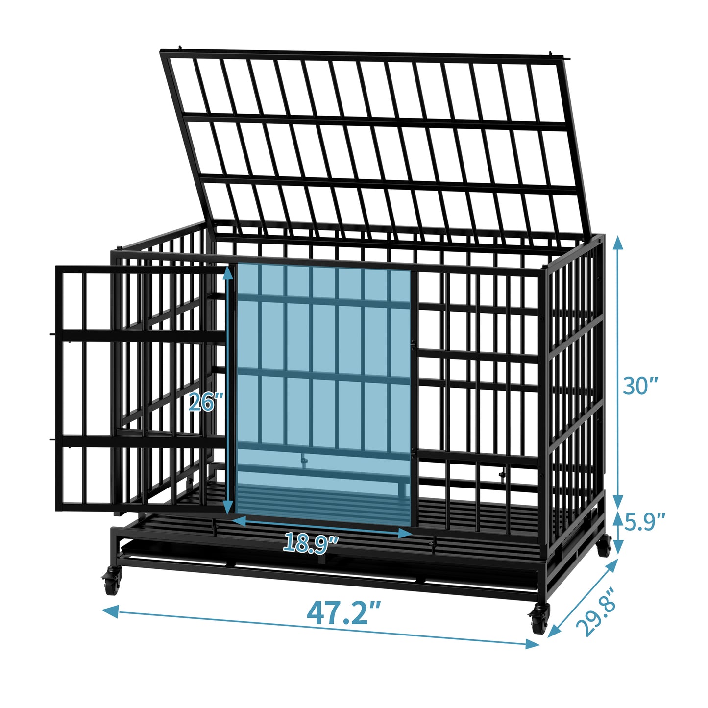 48 Inch Heavy Duty Indestructible Dog Crate With Wheels, Folding Metal Big Dog Cage For Large And Medium Dogs, Cage With Removable Wire Trays