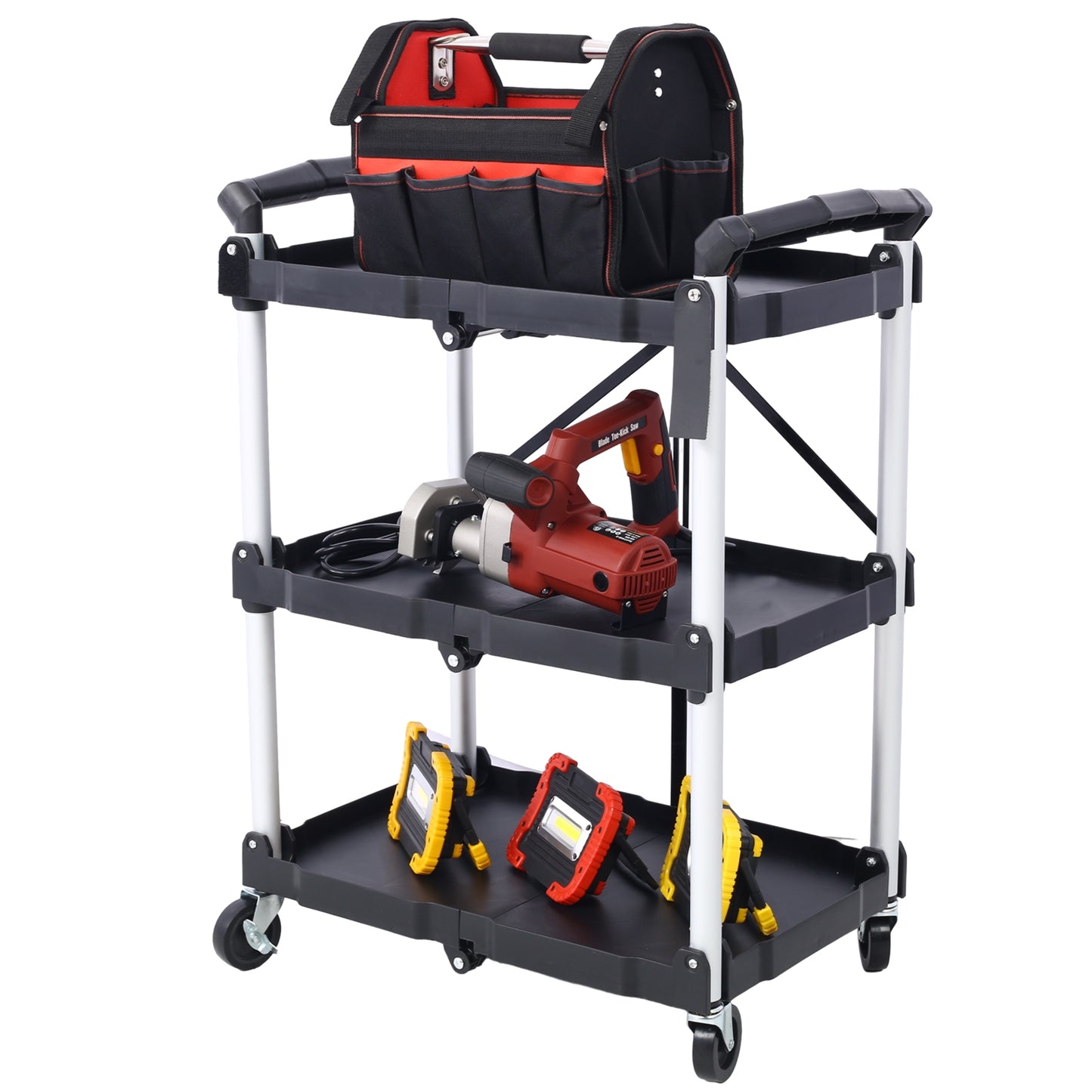 3-Layer Folding Collapsible Service Cart, Black, 50 Lb Capacity