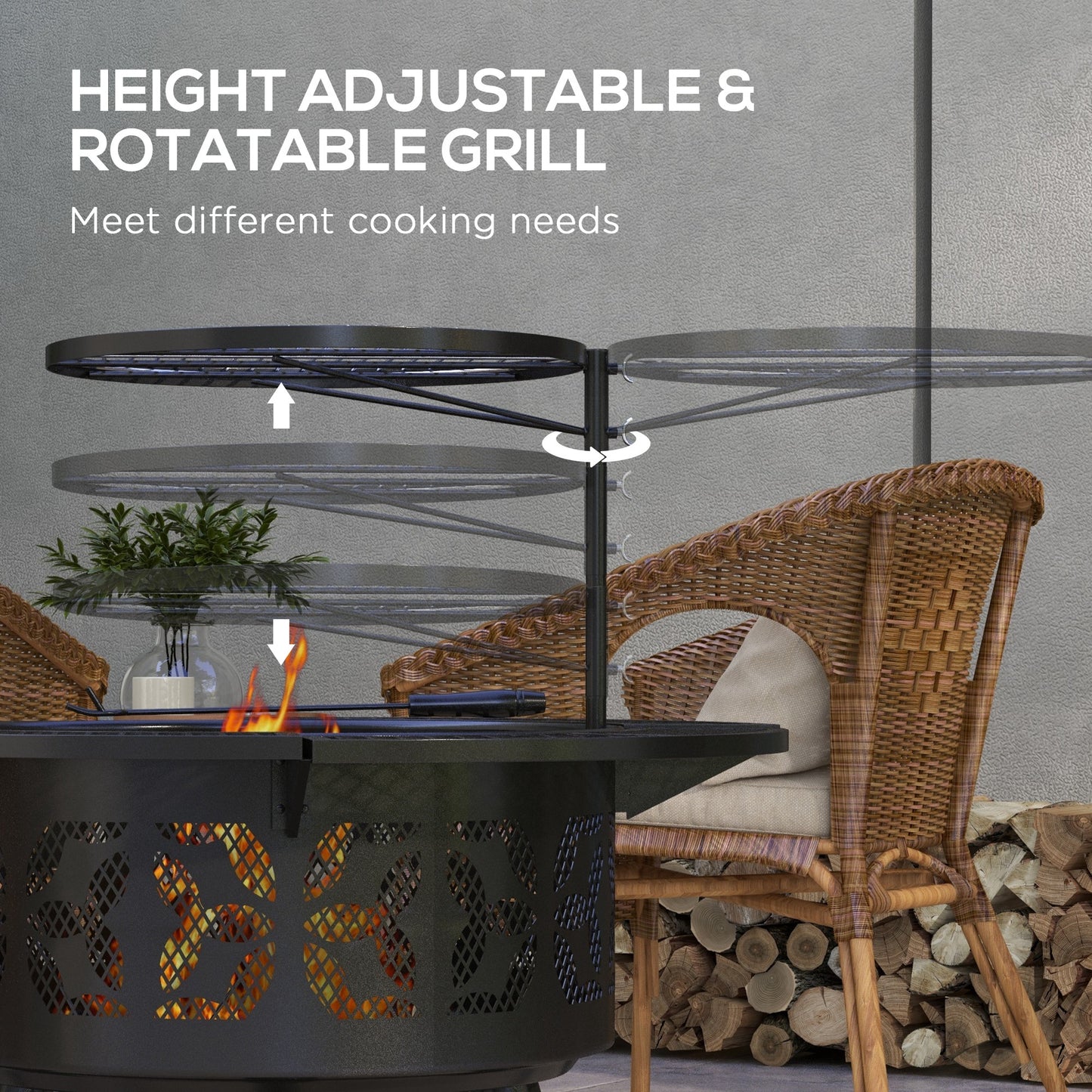 Wood Burning Fire Pit, Charcoal BBQ Grill, Portable Firepit With Cooking Grate, Pan, And Poker, 33", Black