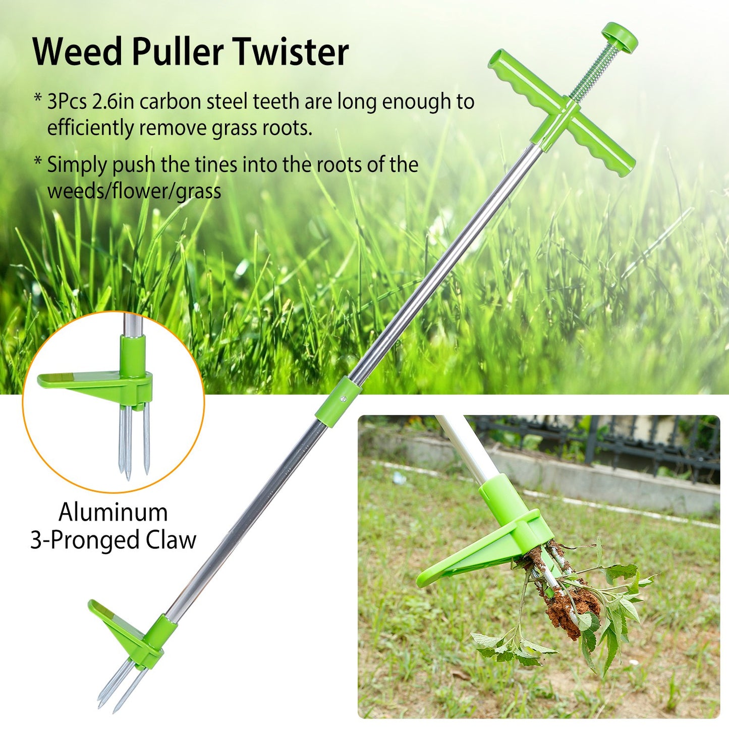 1Pc Weed Puller Twister Stand Up Root Removal Hand Tool 3 Claws Aluminum Grass Manual Remover 38.98in Long Handle With Foot Pedal For Spring Summer