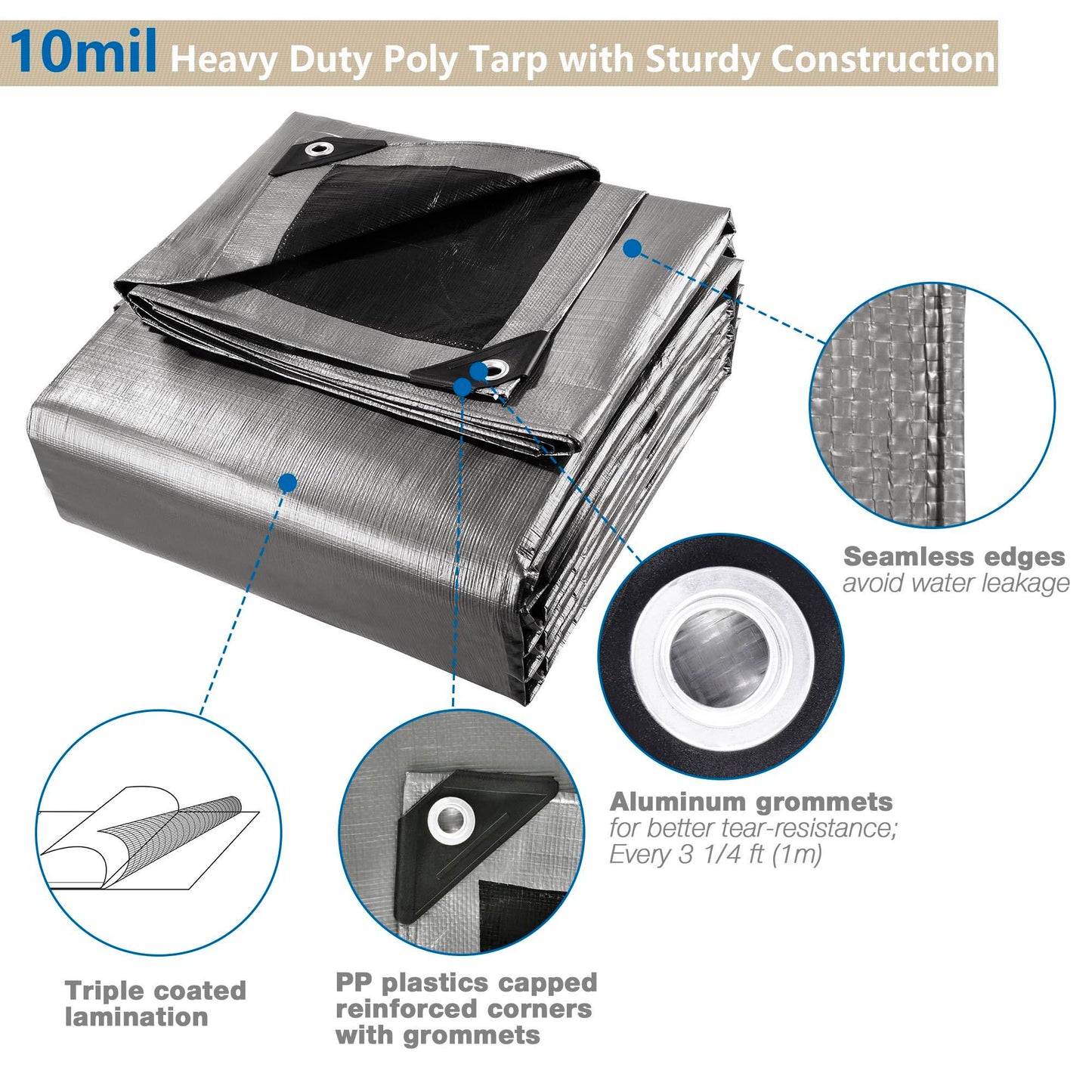 30x40ft Heavy Duty Poly Tarp Silver Black