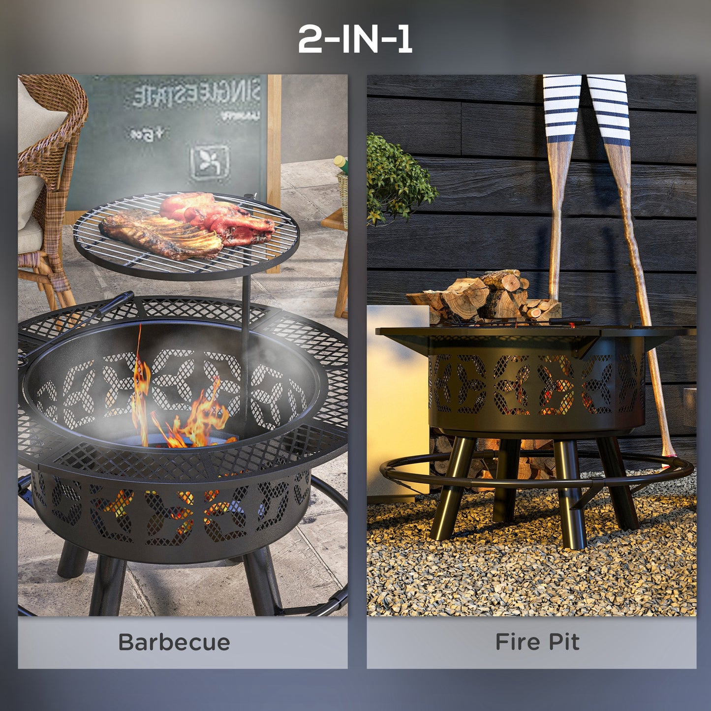 Wood Burning Fire Pit, Charcoal BBQ Grill, Portable Firepit With Cooking Grate, Pan, And Poker, 33", Black