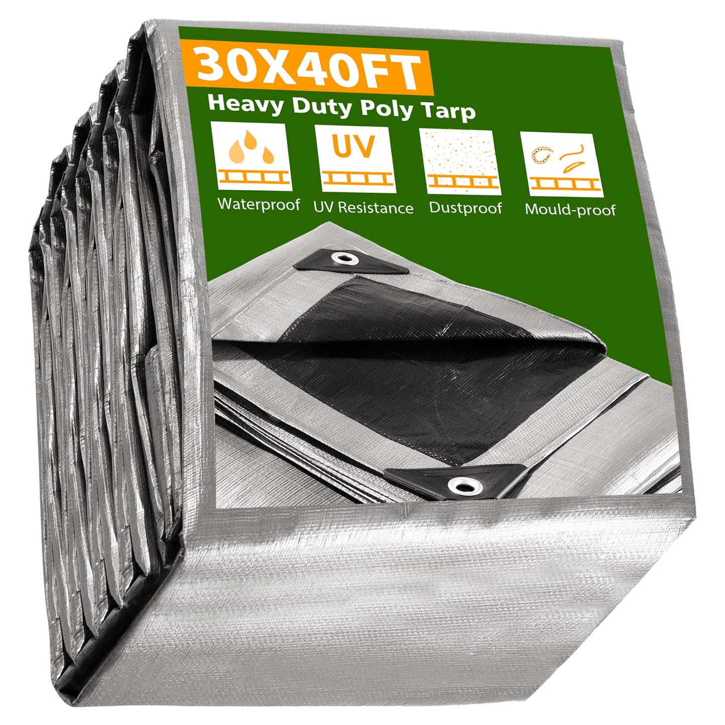 30x40ft Heavy Duty Poly Tarp Silver Black