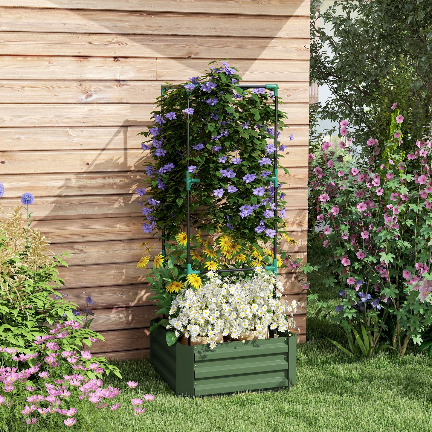 Galvanized Planter Box, 24" X 24" X 55" Raised Garden Bed With Tomato Cage For Climbing Vines, Green