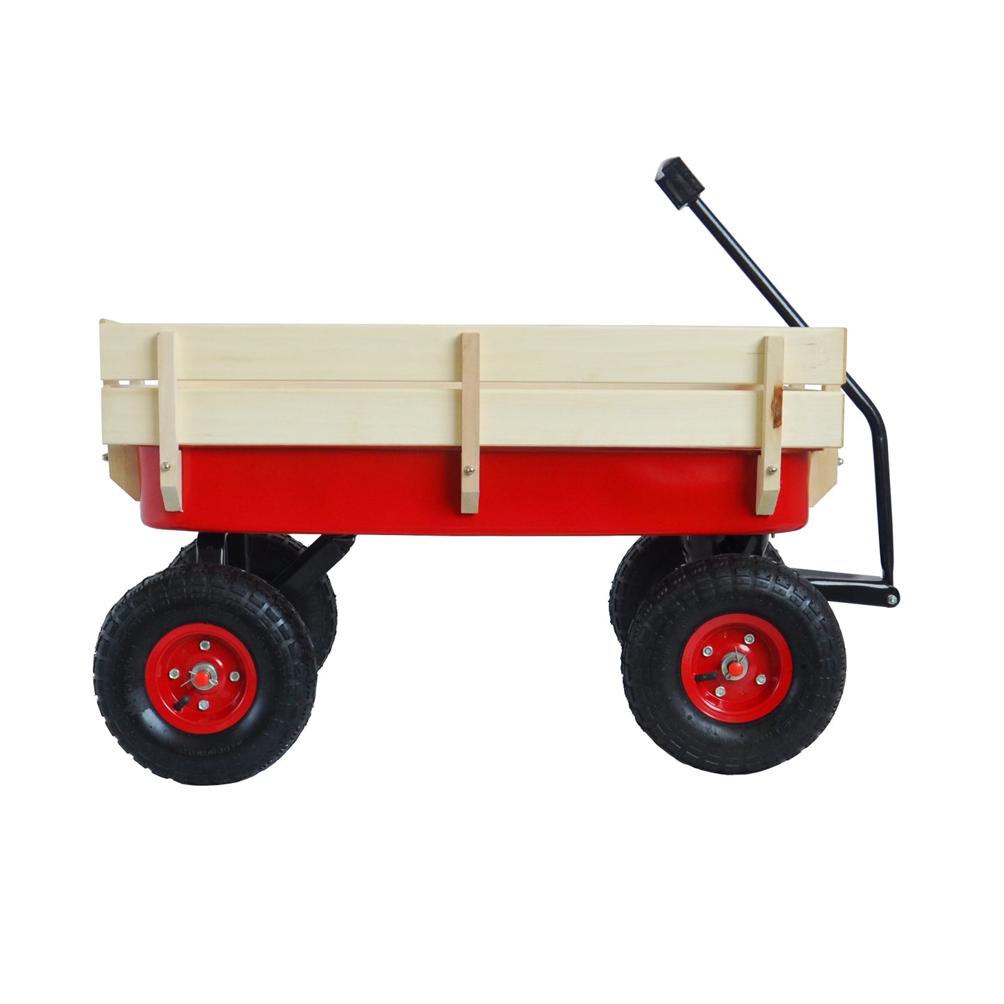 Outdoor Sport Wagon Tool Cart Wooden Side Panels Pneumatic Tire Wagon - Red