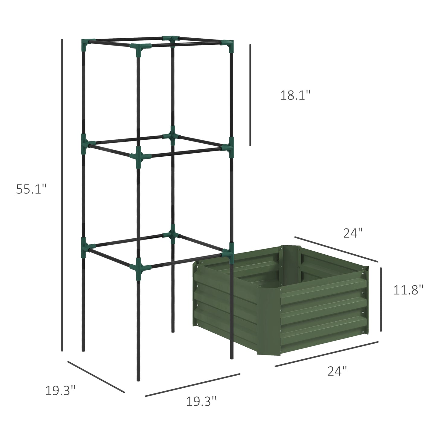 Galvanized Planter Box, 24" X 24" X 55" Raised Garden Bed With Tomato Cage For Climbing Vines, Green