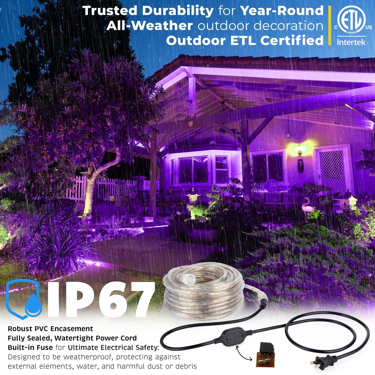 10' 20' 25' 50' 100' 150ft Outdoor LED Rope Light Water-Resistant Extend to 300'