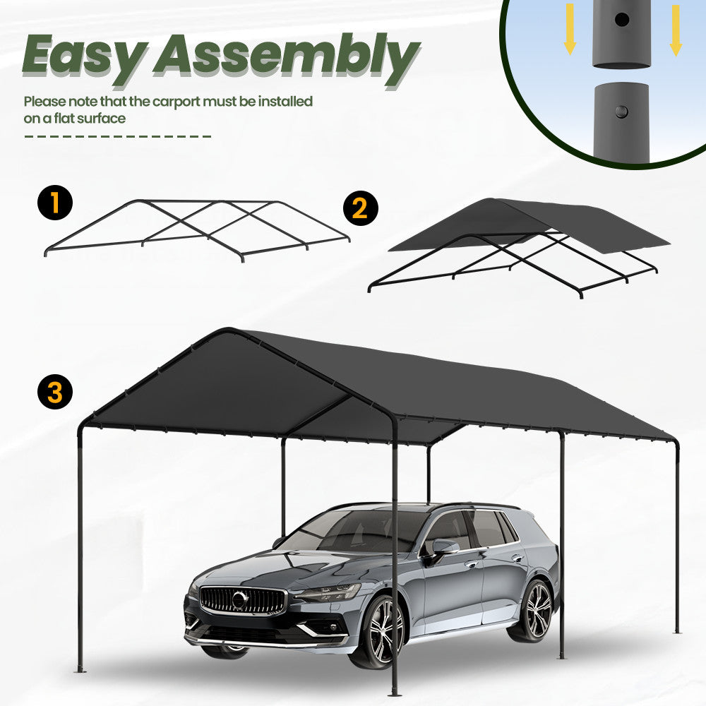 10‘ x 20’ Heavy Duty Grey Garage All-Season Outdoor Carport Car Canopy with Tarp
