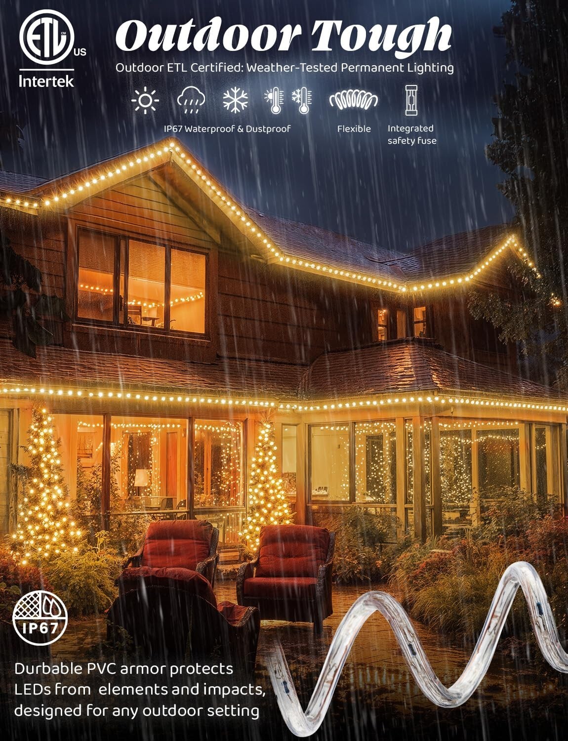 10' 20' 25' 50' 100' 150ft Outdoor LED Rope Light Water-Resistant Extend to 300'