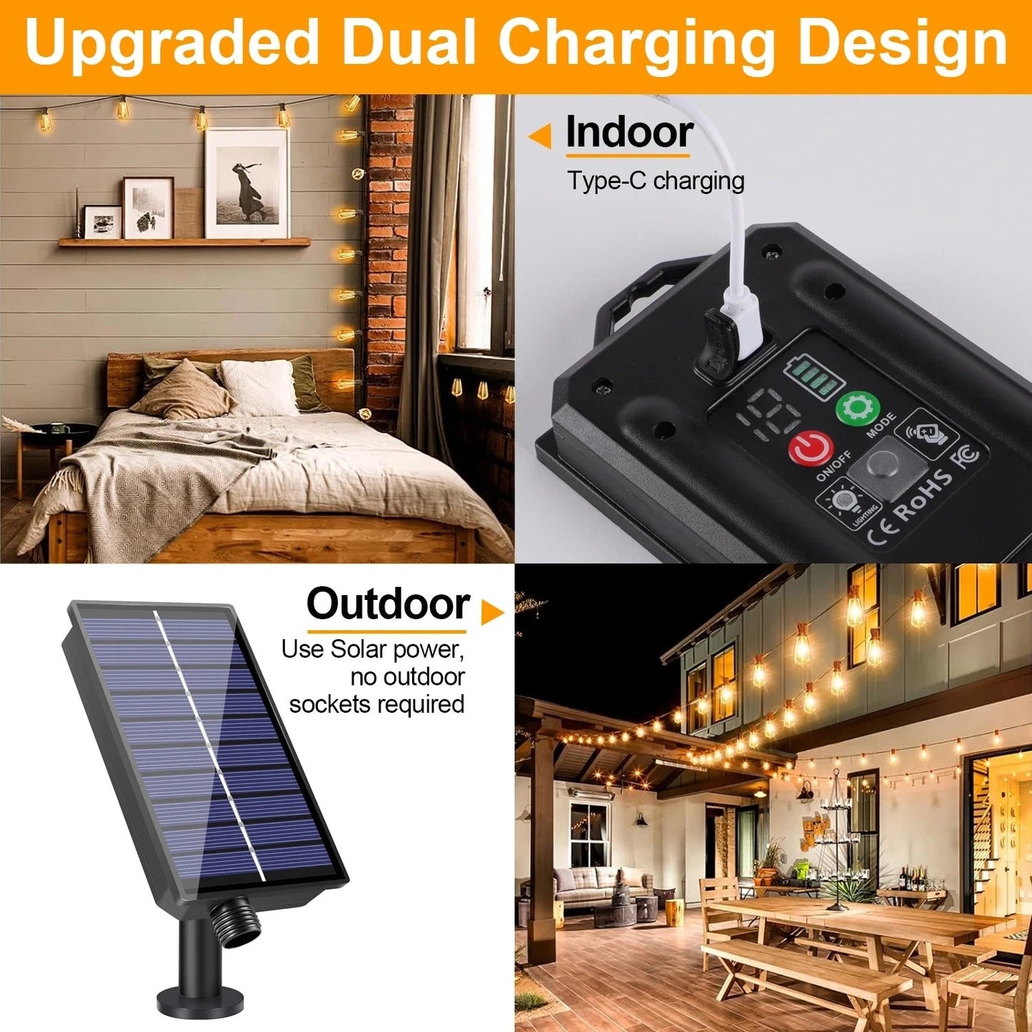 Outdoor Solar String Lights LED Bulbs For Patio Backyard Yard Gazebo Porch Party