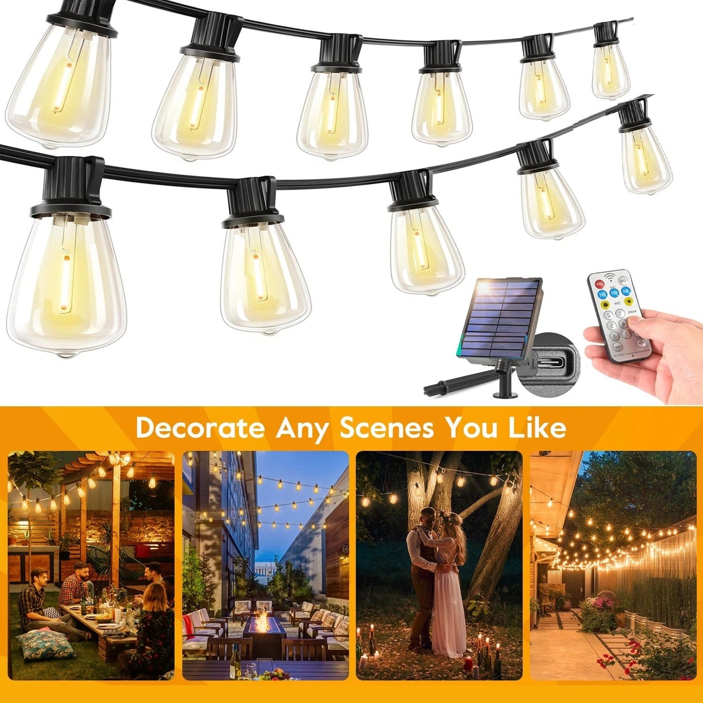 Outdoor Solar String Lights LED Bulbs For Patio Backyard Yard Gazebo Porch Party