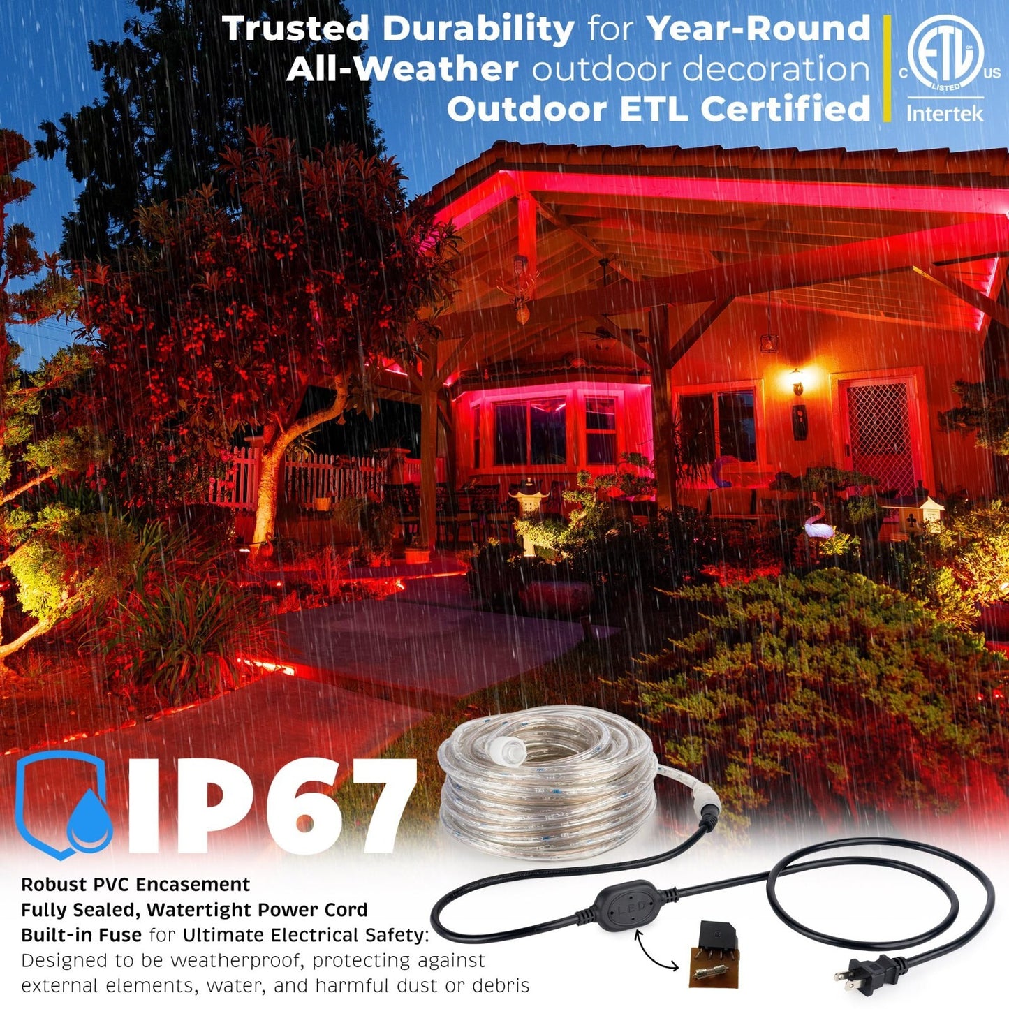 10' 20' 25' 50' 100' 150ft Outdoor LED Rope Light Water-Resistant Extend to 300'