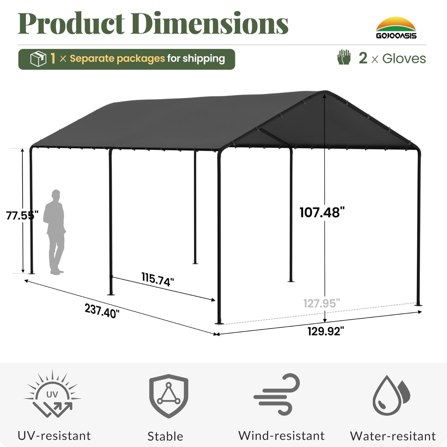 10‘ x 20’ Heavy Duty Grey Garage All-Season Outdoor Carport Car Canopy with Tarp