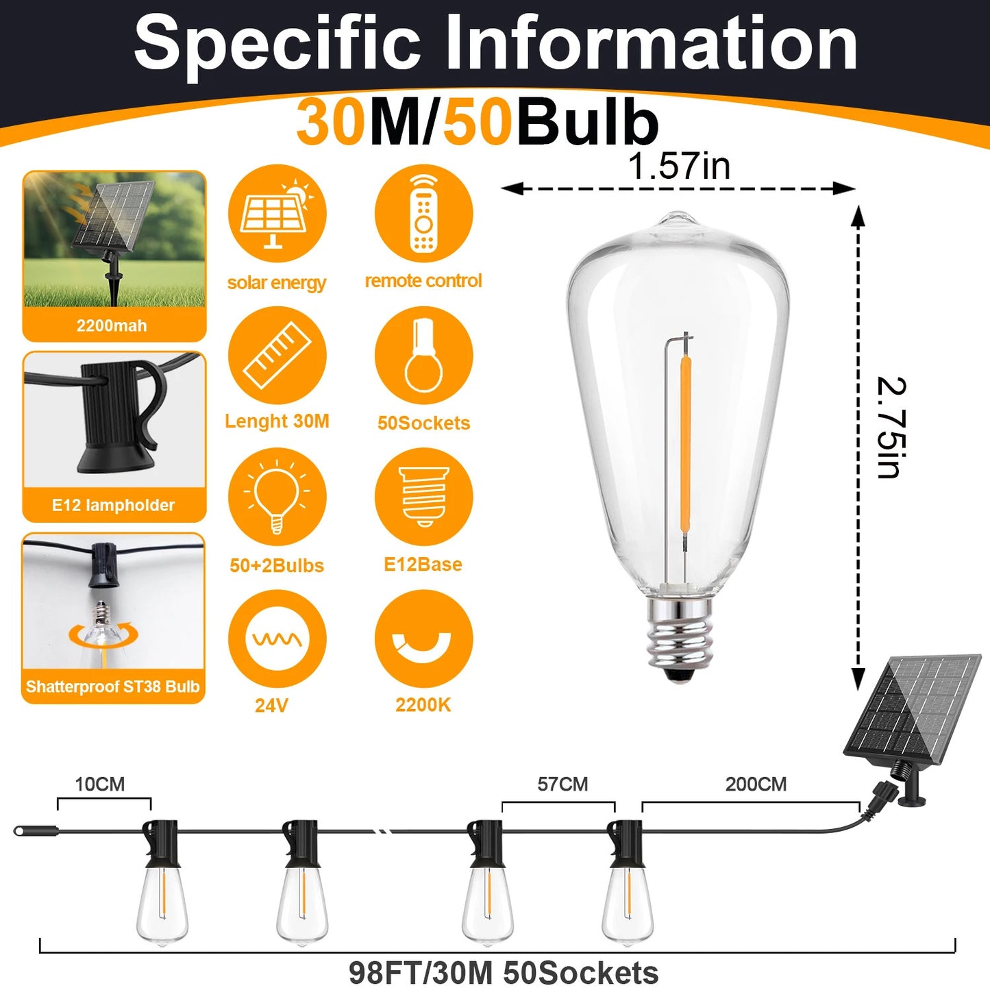Outdoor Solar String Lights LED Bulbs For Patio Backyard Yard Gazebo Porch Party