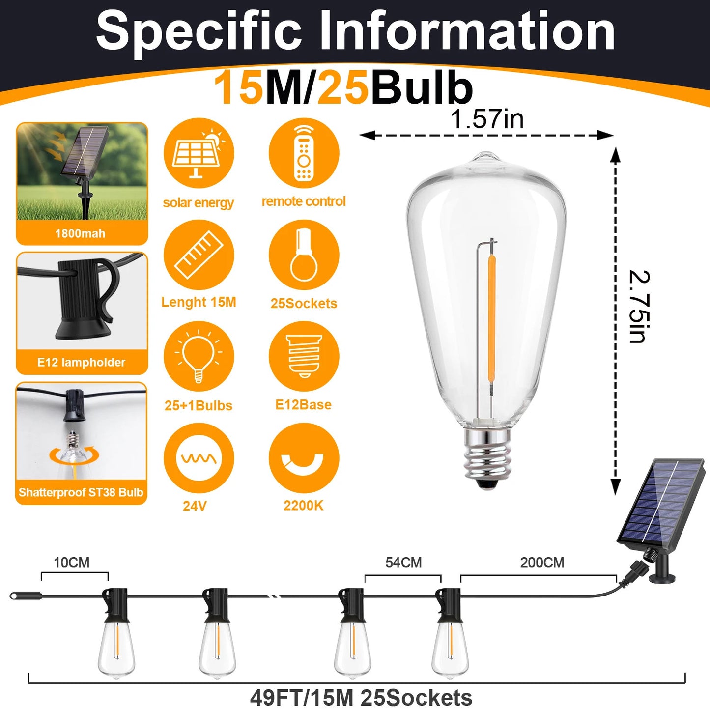 Outdoor Solar String Lights LED Bulbs For Patio Backyard Yard Gazebo Porch Party
