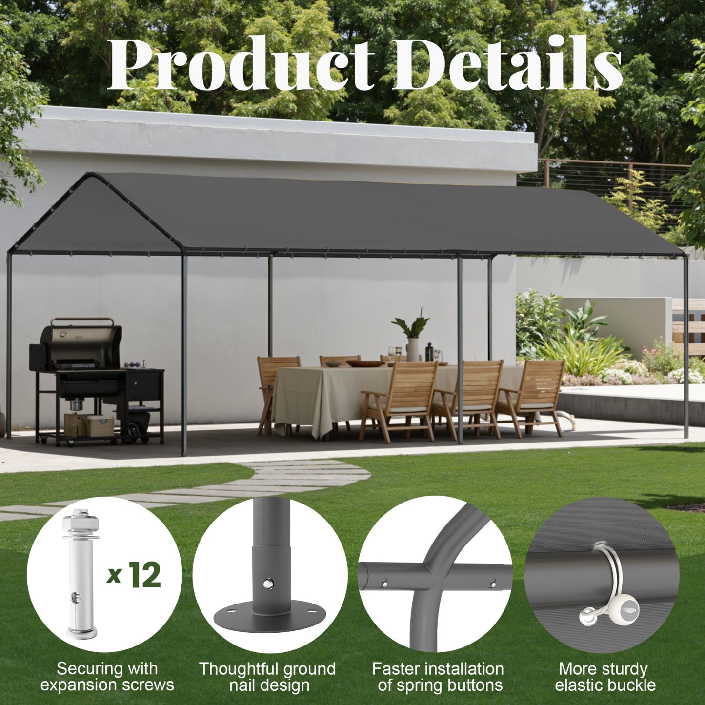 10‘ x 20’ Heavy Duty Grey Garage All-Season Outdoor Carport Car Canopy with Tarp