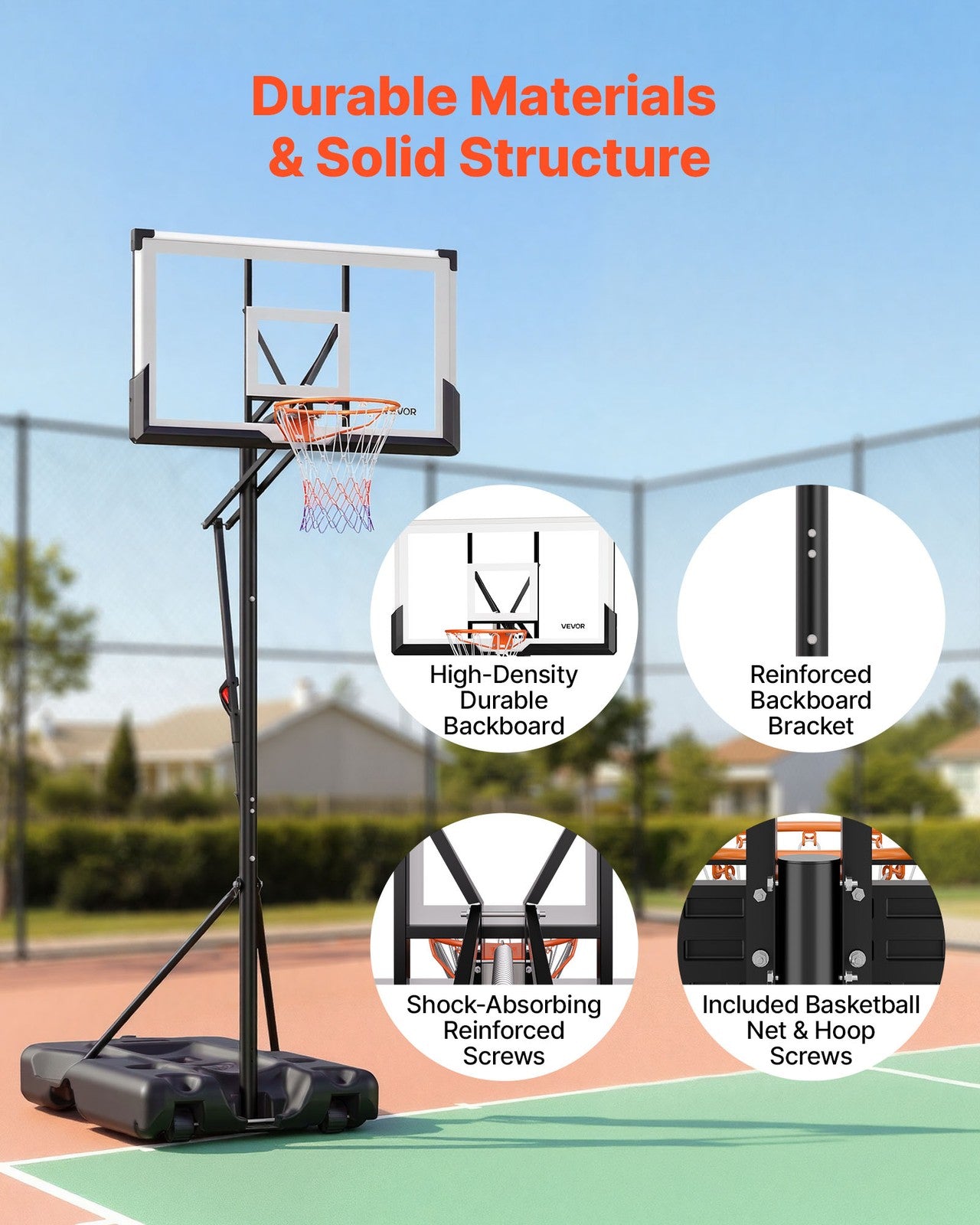 VEVOR Portable Basketball Stand 10 ft Adjustable Height with 54″ PC Backboard