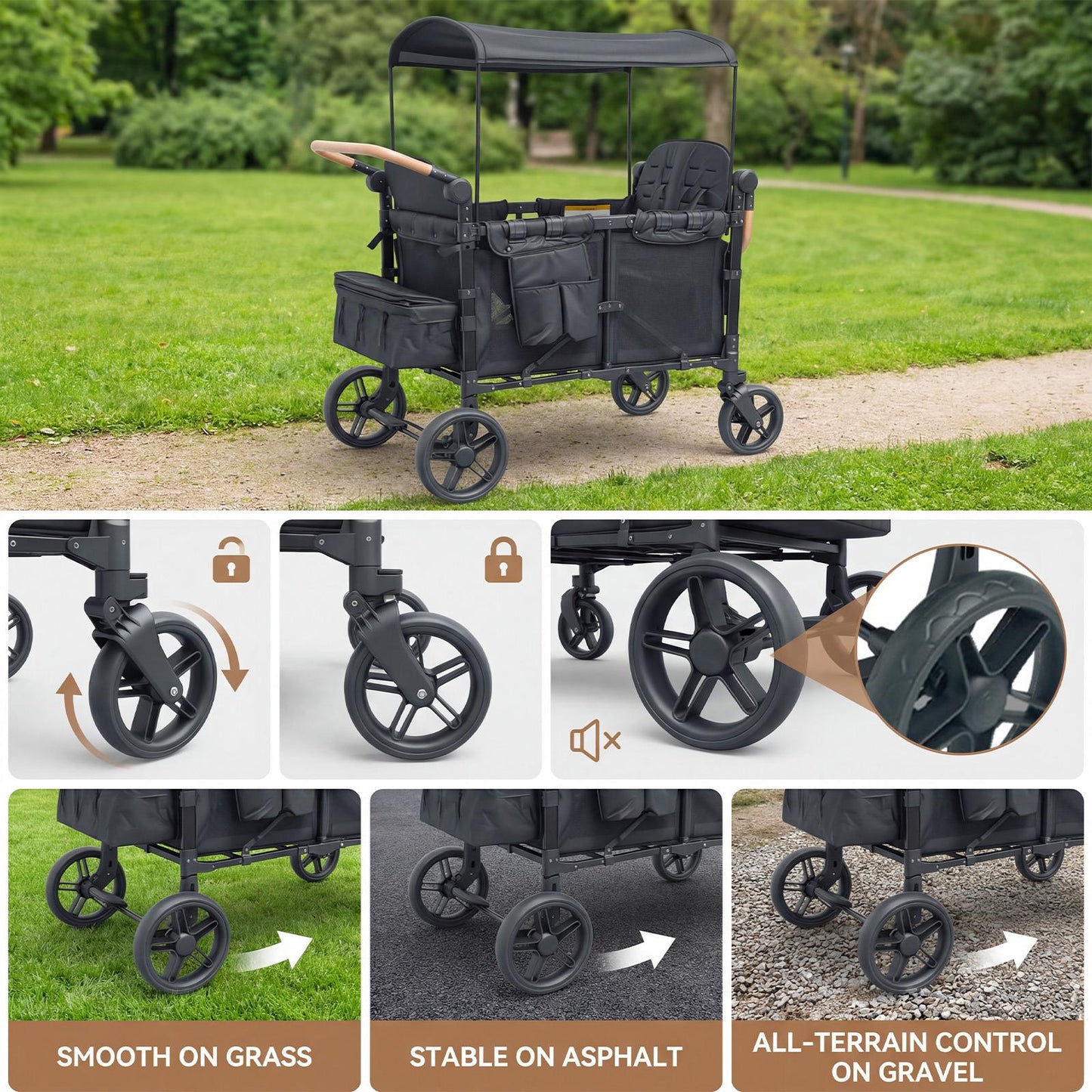 Wagon Stroller 4 Kids Push Pull Quad Collapsible Stroller 330LBS Capacity