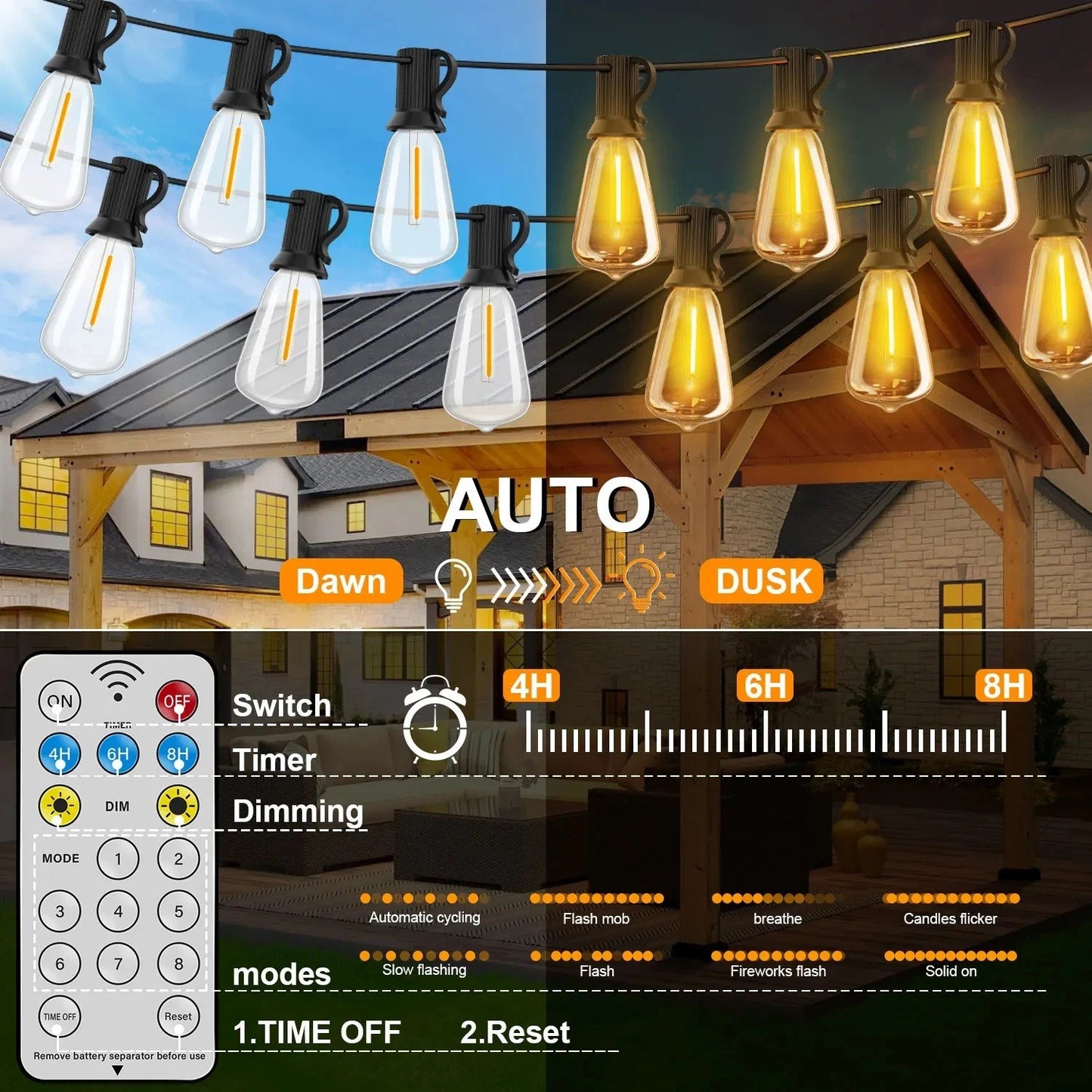 Outdoor Solar String Lights LED Bulbs For Patio Backyard Yard Gazebo Porch Party