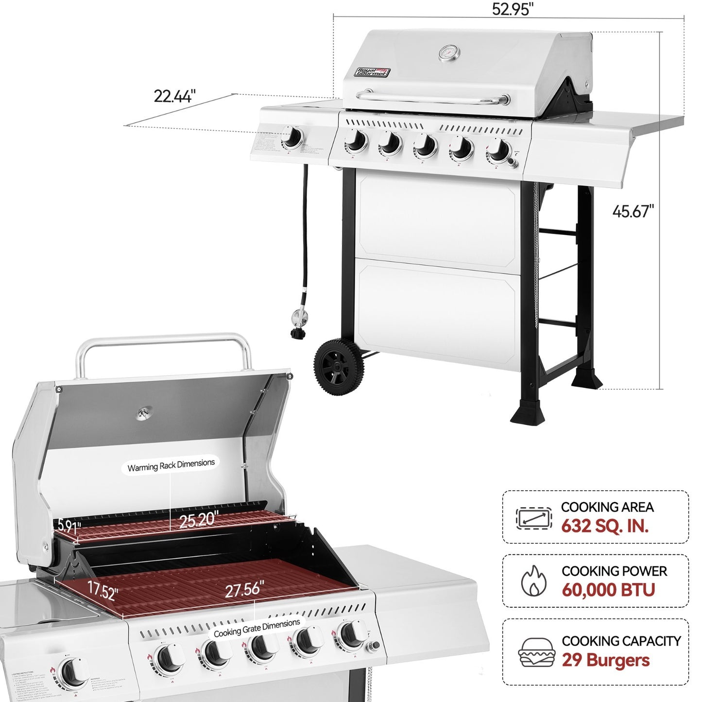 Royal Gourmet 5-Burner Propane Gas Grill with Sear Burner and Side Burner Silver