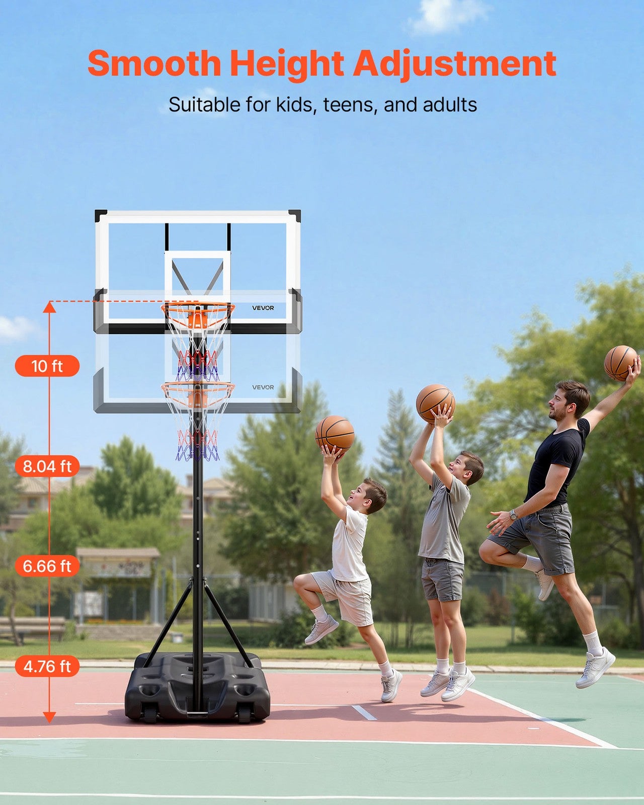 VEVOR Portable Basketball Stand 10 ft Adjustable Height with 54″ PC Backboard
