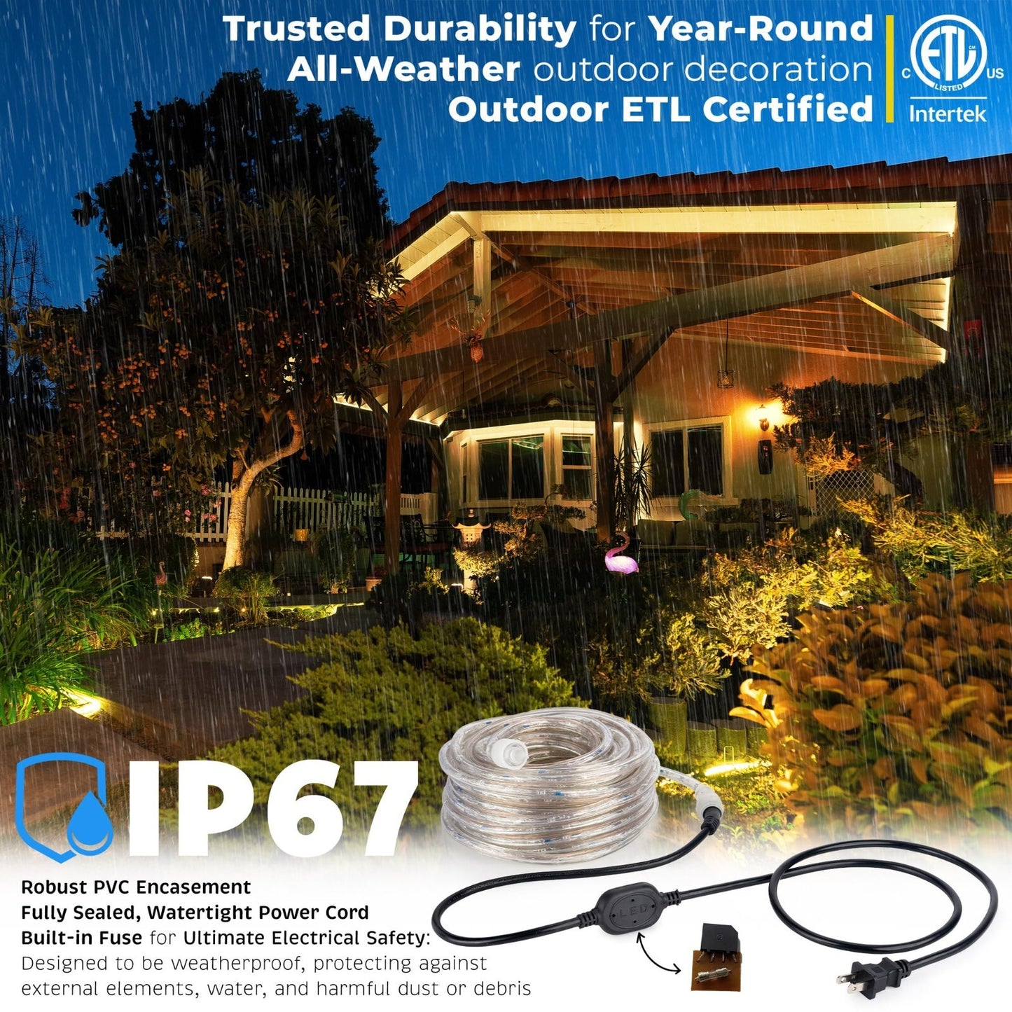 10' 20' 25' 50' 100' 150ft Outdoor LED Rope Light Water-Resistant Extend to 300'