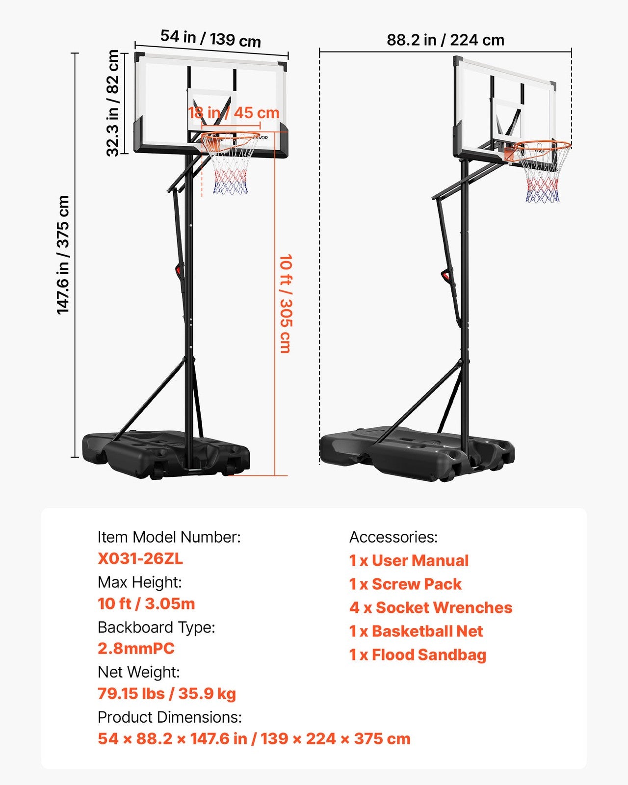 VEVOR Portable Basketball Stand 10 ft Adjustable Height with 54″ PC Backboard